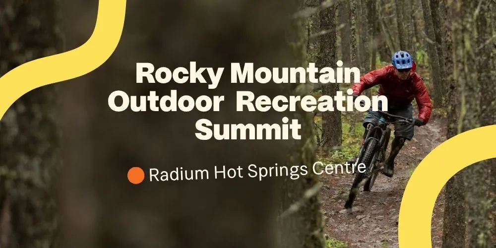 Person mountain biking text overlay "Rocky Mountain Outdoor Recreation Summit"